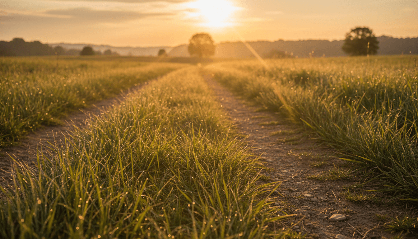 Sunlit path through a golden Missouri meadow at sunset