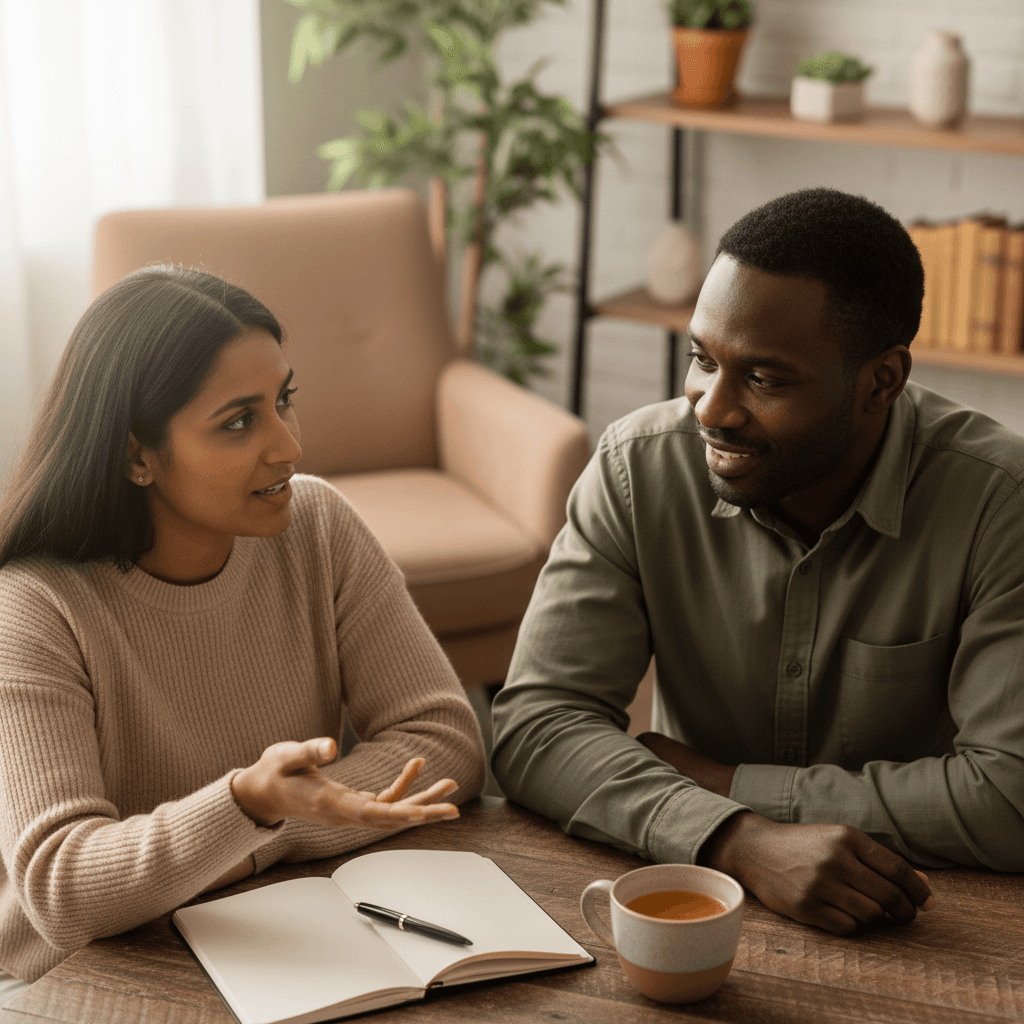 Woman in a sunlit home office talking with her mentor during a coaching session