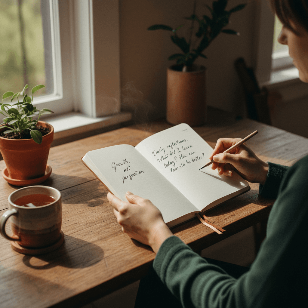 A woman journaling at a sunlit desk, reflecting on her next steps