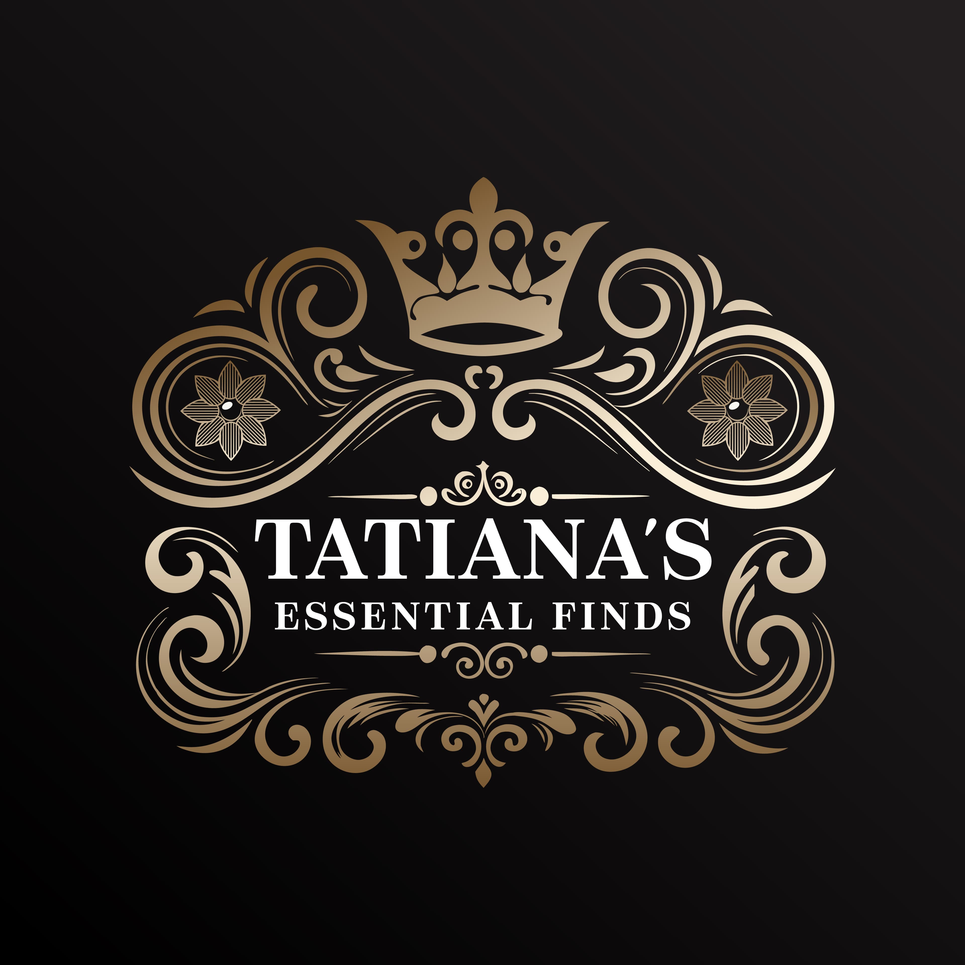 Elegant gold logo for Tatiana's Essential Finds featuring a crown and ornate filigree on black.